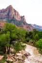 View of The Watchman rock formation along the Virgin River in Ut