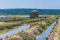 A view of water channels feeding crystallisation pools at the salt pans at Secovlje, near to Piran, Slovenia