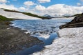 view in water edge of an french alpine lake with peak mountain range background