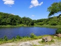 The view of the water and green trees near Folley Pond, Banning Park, Delaware, U.S.A Royalty Free Stock Photo