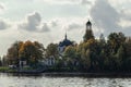 View from the water to the Church of the Holy Blessed Grand Duke Alexander Nevsky in Ust-Izhora in autumn. Boat trip. Russia, St.