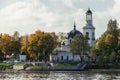 View from the water to the Church of the Holy Blessed Grand Duke Alexander Nevsky in Ust-Izhora in autumn. Boat trip. Russia, St.