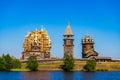 View from water to ensemble of Kizhi Pogost, monument of history, architecture and ethnography on Kizhi Island of Onega lake, Royalty Free Stock Photo