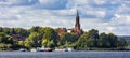 View from the water to the Klosterkirche in Malchow in Brandenburg