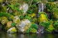 view of waterfall, stones and pond in garden Royalty Free Stock Photo