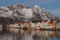 View of the waterfront harbor in Lofoten in winter. fishing village and tourist town located in the Norway