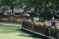 View of Waterside boat cafe moored on Regents Canal in Little Venice, London, UK