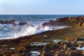 View of the waves of the Atlantic Ocean in the area of the city of Essaouira in Morocco on a sunny summer day