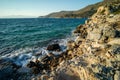 View of waves hitting the rocky shore of Knidos Datca in Turkey