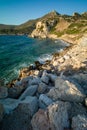 View of waves hitting the rocky shore of Knidos Datca in Turkey