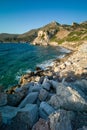 View of waves hitting the rocky shore of Knidos Datca in Turkey