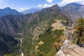 View from Waynapicchu to Machu Picchu and bus road, Peruvian H Royalty Free Stock Photo