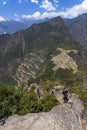 View from Waynapicchu to Machu Picchu and bus road Royalty Free Stock Photo