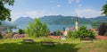 View from weinberg hill to spa town schliersee, st sixtus church. upper bavaria in summer