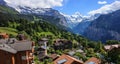 View of Wengen town, Jungfrau and Lauterbrunnen valley, Switzerland