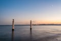 View of the wharf columns in square of commerce at sunset, Lisbon, Portugal, Europe