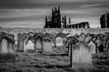 View of Whitby Abbey and cemetery during the night in North Yorkshire,UK