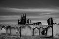 View of Whitby Abbey and cemetery during the night in North Yorkshire,UK