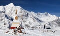 View of white buddhist stupa and Annapurna range Royalty Free Stock Photo