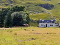 View of white house with sheep grazing nearby, Glencoe Scotland