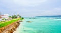 View on white mosque, Lighthouse And Palm Trees In The Town Of Galle, Sri Lanka