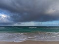 View on white sandy Corallejo beach, Atlantic ocean water and kite surfers at winter Royalty Free Stock Photo
