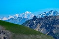 View on white snowy top of Mont Blanc highest mountain in Alps and Western Europe from mountain pass Col du Calibier in summer day Royalty Free Stock Photo