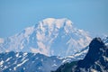 View on white snowy top of Mont Blanc highest mountain in Alps and Western Europe from mountain pass Col du Calibier in summer day Royalty Free Stock Photo