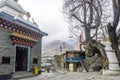 White stupa built in the gap left by the trunk of a tree  Ngawal village  Annapurna Circuit  Nepal Royalty Free Stock Photo