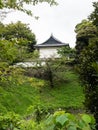 View of the white tower of former Edo castle across Ushigafuchi moat