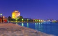 View of the White Tower of Thessaloniki which is a monument and museum on the waterfront of Thessaloniki, capital of the region o