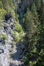 View of a wild river in a gorge with a modern hanging bridge