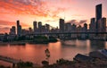 View from Wilson Outlook Reserve to Story Bridge and CBD area in Brisbane at sunset