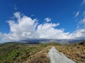 View of a winding dirt road cutting through a lush green hillside Royalty Free Stock Photo