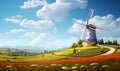 view of a windmill in a beautiful orange flower field, ai generative