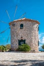 view of the windmills of Korithi. Morning scene of Zakynthos island, Ionian Sea, Greece, Europe. Royalty Free Stock Photo