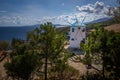 view of the windmills of Korithi. Morning scene of Zakynthos island, Ionian Sea, Greece, Europe. Royalty Free Stock Photo