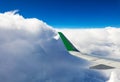 View from the window of an airplane, beautiful white clouds, blue sky, wing of an airplane. Royalty Free Stock Photo