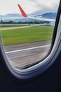 View of window from airplane on landing time Royalty Free Stock Photo