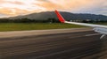 View of window from airplane on landing time Royalty Free Stock Photo