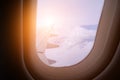 View from the window of the airplane on the wing, sky and clouds. Royalty Free Stock Photo