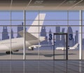 View from the window of the airport on the planes and skyscrapers. Vector