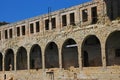 View of window arches in the old brick castle under a blue sky Royalty Free Stock Photo
