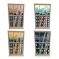 View from the window of the big city at different times of the day: morning, afternoon, evening and night. Illustration isolated o Royalty Free Stock Photo