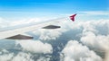 View of window on bright sky background at flying airplane and coat city from top view. Royalty Free Stock Photo
