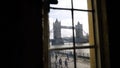 View from window of British bridge. Action. Inside apartment there is beautiful view from window of tower bridge with Royalty Free Stock Photo