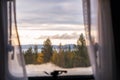 View from a window of camper to beautiful autumn lanscape in Lapland