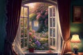 A view from a window with curtains, overlooking a small garden, generative ai. The soft hues and intricate details