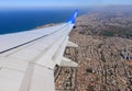 View from the window of a Flydubai plane taking off on buildings in the center of the country, in Tel Aviv, and on the Israeli