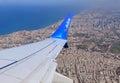 View from the window of a Flydubai plane taking off on buildings in the center of the country, in Tel Aviv, and on the Israeli